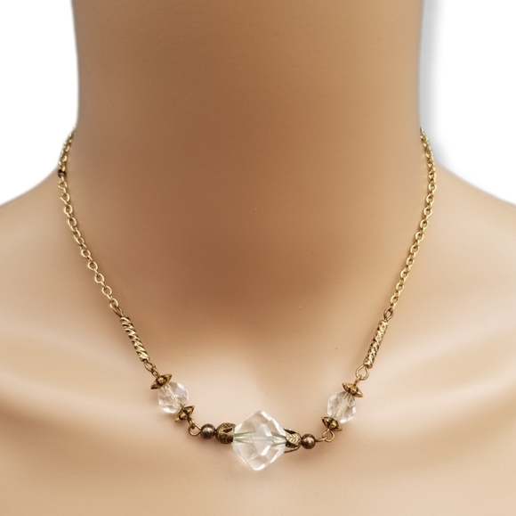 HATTIE CARNEGIE DAINTY GOLDTONE CHAIN & FACETED FAUX CRYSTAL BEAD NECKLACE - Picture 1 of 8